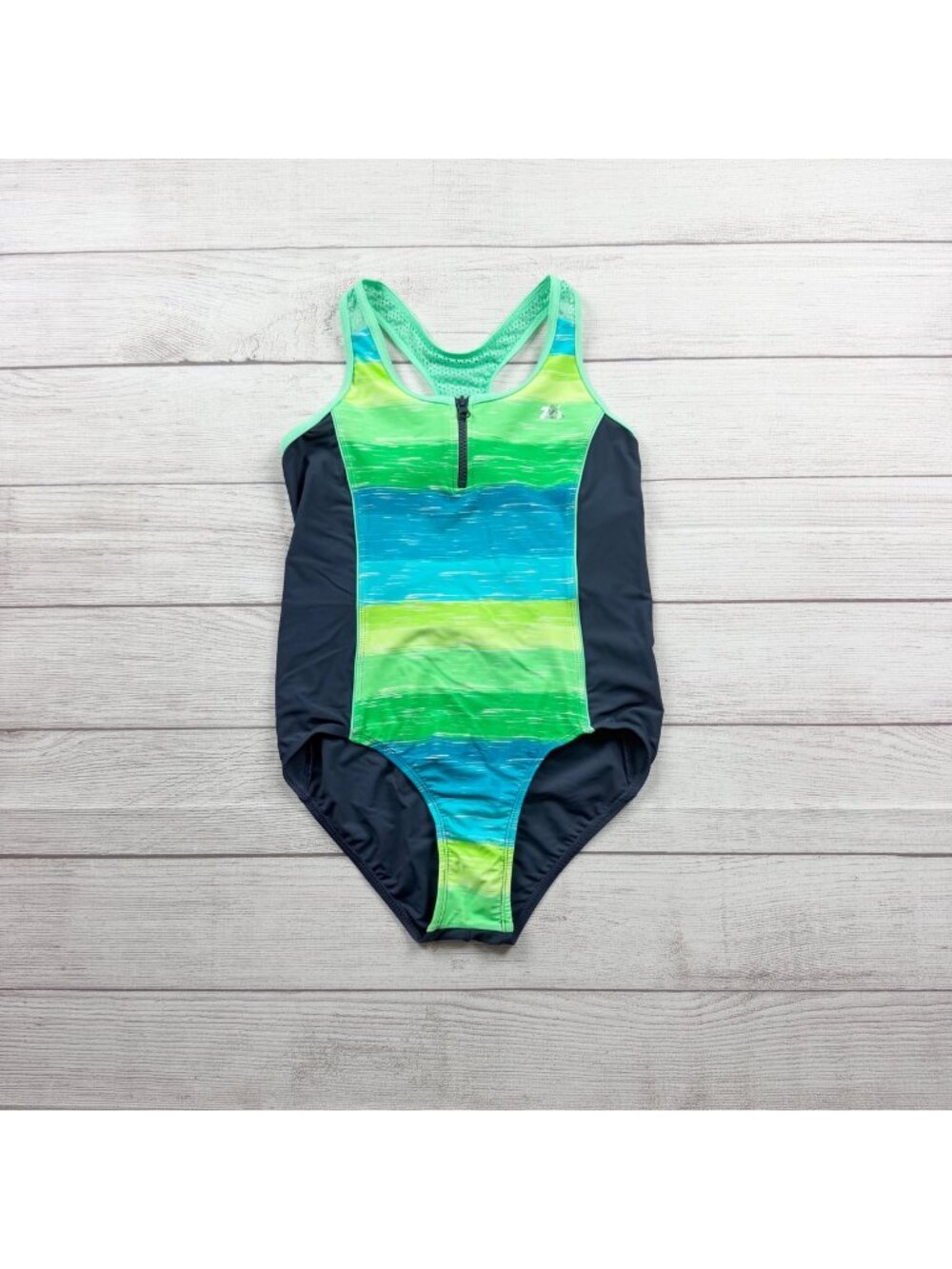 ZeroXposur Girls Athletic One Piece Swimsuit Zipper Stripes XL 16